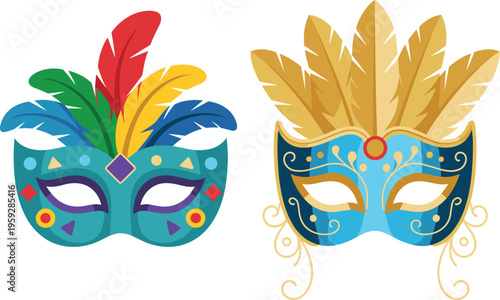 Decorative carnival masks with colorful feathers elegant masquerade vector illustration set for festival party celebration design elements