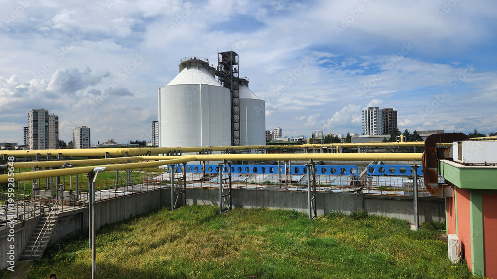 Obraz premium Anaerobic digesters in a municipal wastewater treatment plant, where sludge is decomposed in the absence of oxygen, producing methane (biogas)