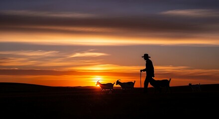Sunset pastoral photos with a shepherd and goats walking across a field