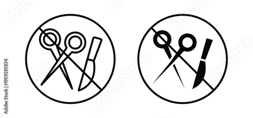 No scissors or no knives signs. black and white line icons pack.