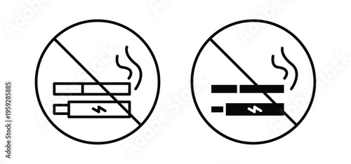 No smoking including electronic cigarettes signs. black and white line icons pack.
