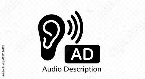 A black and white icon representing audio description with an ear and the letters AD