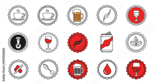 Collection of Beverage Icons: Coffee, Beer, Wine, Soda, and Abstract Symbols