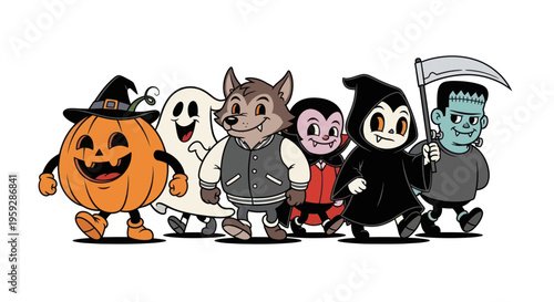 Halloween characters walking together on white background, cartoon style