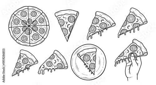 Hand-Drawn Pizza Slices and Whole Pizza Illustration - Pepperoni Fast Food Art