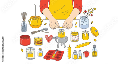 Handmade candle making process with various supplies and finished products.