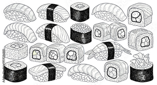 Hand-Drawn Sushi Assortment: Nigiri, Maki Rolls, and Sashimi Collection