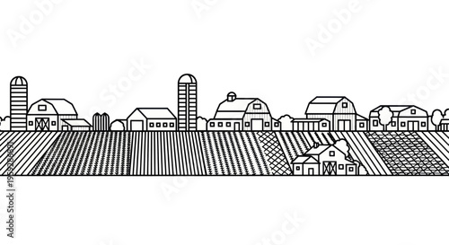 Minimalist Farm Landscape with Barns, Silos, and Fields, Black and White Line Art
