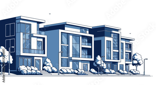 Modern Residential Buildings with Glass Facades and Landscaping