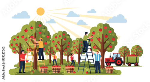 Apple Harvest: Farmers Picking Ripe Fruits in Orchard with Tractor and Baskets