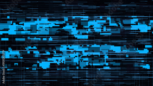 Abstract cyan blue glitch background vector with layered scanlines, blocky pixel artifacts, and electronic noise on black, created for technology promos, gamer visuals, social covers, and futuristic i