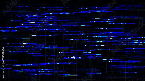 Deep blue glitch background vector with sharp horizontal streaks, glowing digital fragments, and strong signal noise over black, ideal for esports branding, music visuals, modern posters, and tech int