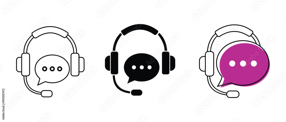 Fototapeta premium Customer support headset with chat bubble icon set in outline, solid, and color styles