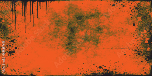 Abstract grunge background featuring a vibrant blend of orange and black tones, with splatters and drips that add texture. Ideal for design.