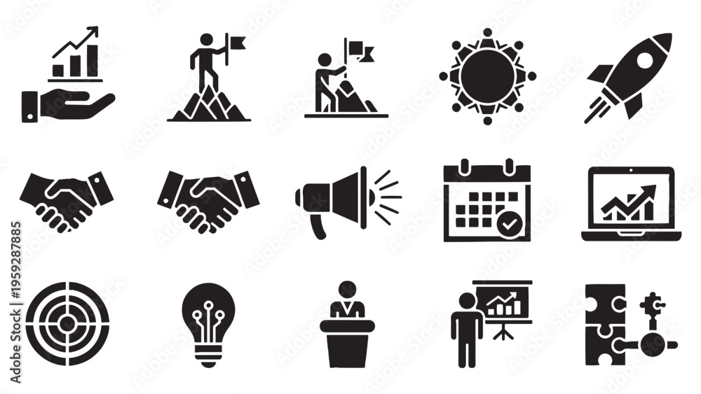 Obraz premium Business Strategy and Corporate Growth Icon Set for Startup Planning, Marketing, and Leadership Achievement Design