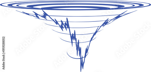 Abstract blue vortex funnel vector, swirling spiral motion graphic, dynamic whirlpool line art, conceptual data sink or energy portal