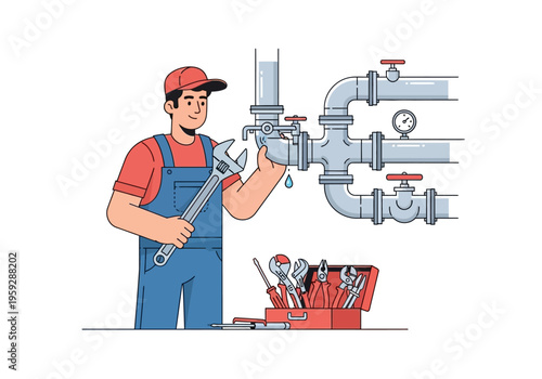 Professional plumber fixing a leaking pipe with tools and toolbox, skilled repairman at work
