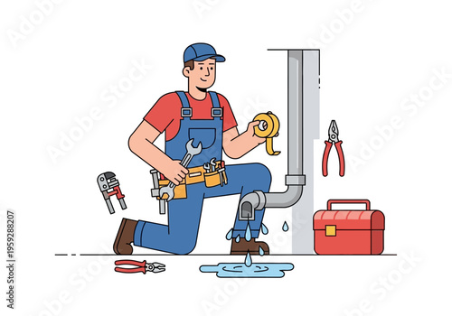 Professional plumber in uniform fixing a pipe leak with tools and a toolbox, illustration