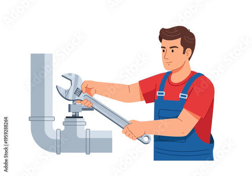 Plumber working on a pipe with a wrench, illustration