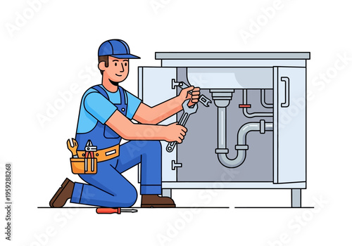 Plumber fixing sink pipes in kitchen cabinet, professional service and repair