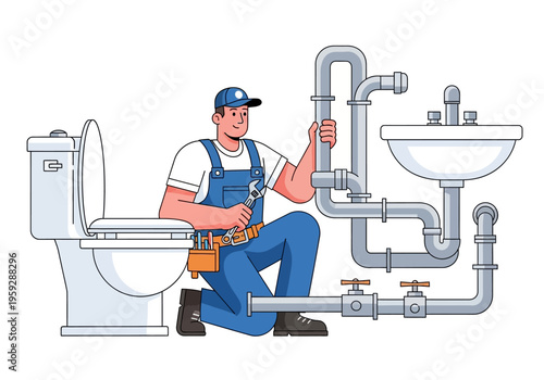 Professional plumber fixing pipes and sink near a toilet in a bathroom illustration