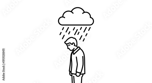 Sad Man Under Rain Cloud Symbolizing Depression, Sadness, and Bad Mood