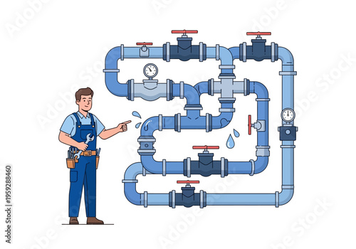 Plumber demonstrating a complex system of pipes with valves and a pressure gauge, symbolizing plumbing services and maintenance