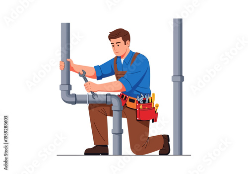 Professional plumber working on pipes, fixing water system, skilled tradesman in uniform, residential maintenance service