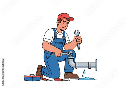 Skilled plumber in overalls with a wrench fixing a leaking pipe with a toolbox and tools nearby