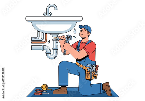 Plumber performing sink repair with tools and plumbing under a sink in a domestic setting