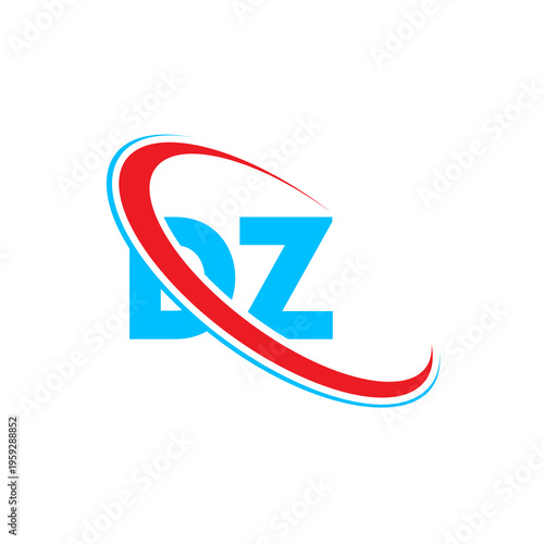 Modern dz letter logo featuring bold characters and orbital swoosh lines in red and blue. Professional identity mark suitable for global industries and innovative business projects.