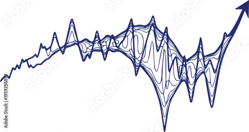 Abstract financial growth arrow with volatile data lines, blue stock market chart showing upward trend, economic recovery and success vector illustration