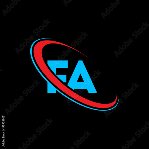 Fa letter logo design featuring vibrant blue typography with dynamic red and light blue swoosh accents on dark background suitable for modern technology startups or creative agencies