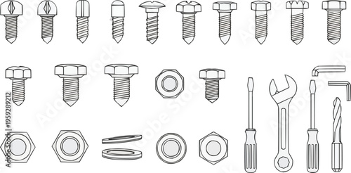 The image showcases a variety of hardware and tools commonly used in construction, repair work, and DIY projects. 