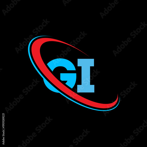 Professional gi letter logo mark with light blue serif font and contrast red circular element. Suitable for international companies information technology and creative design studios.