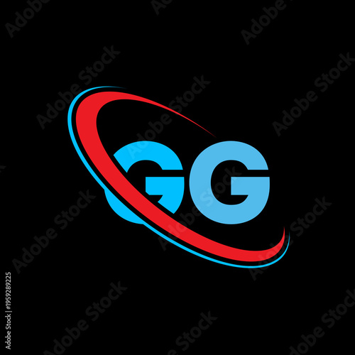 Twin letter gg logo design elements featuring bold blue fonts enclosed in dynamic red and light blue swooshes. Perfect for gaming companies technology firms and modern athletic branding.