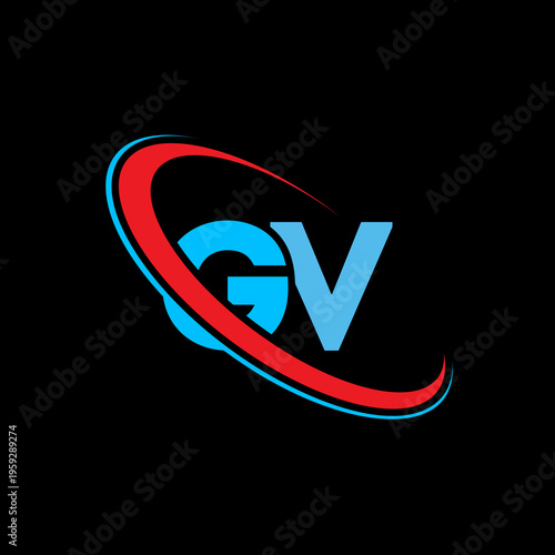 Bold GV monogram with dynamic orbital lines representing growth and speed. High quality vector illustration perfect for corporate identity systems and modern tech business branding solutions.