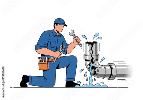 Plumber fixing a broken pipe with a wrench, water leaking from the damaged joint