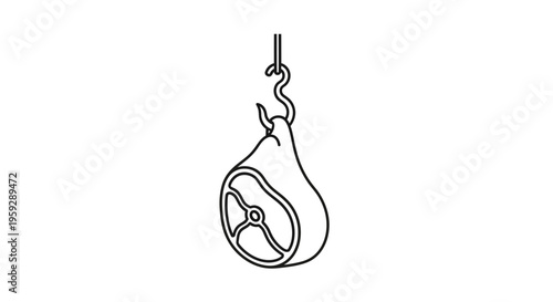 Raw Meat Cut Hanging on Hook, Butcher Shop Food Preparation, Black and White Line Art