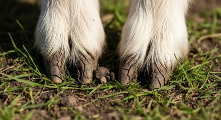 Detailed photos showcasing an animal's muddy hooves on green grass, highlighting textures and farm life