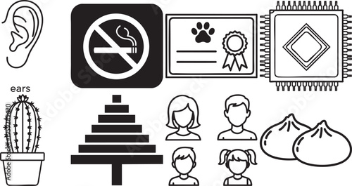 Black and white line icons of various objects and symbols