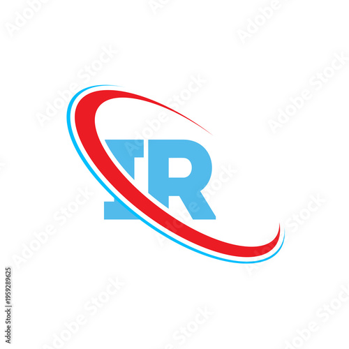Ir logo design. Light blue ir letters. Red blue oval shape. Simple graphic design. Clean vector illustration.