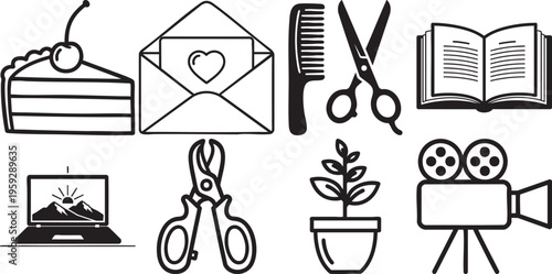 Black and white line art icons of various objects