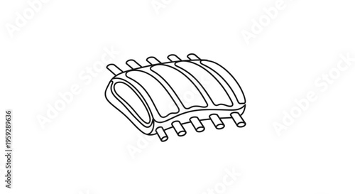 Raw Pork Ribs Isolated on White Background, Minimalist Line Art