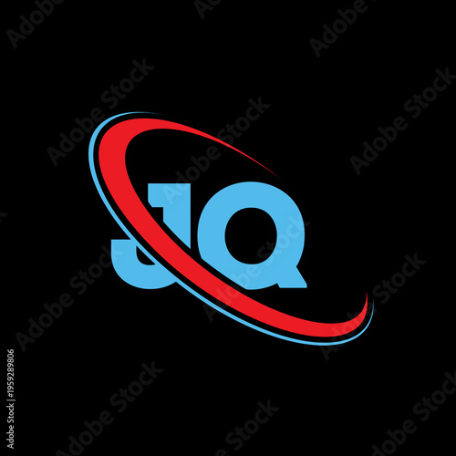 Minimalist jq letter logo design featuring blue typography combined with vibrant red and cyan orbital swoosh elements created on professional black background for corporate branding identity uses