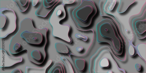 Abstract topographic map with layered contour lines and subtle gradient shading in grayscale with cyan and magenta neon accents creating a modern digital art background for design and web