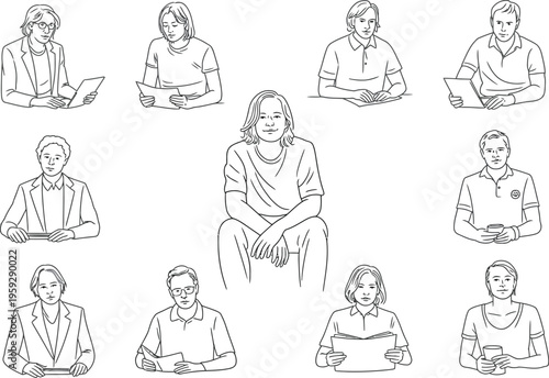 Diverse group of people engaged in reading and holding cups isolated on transparent background