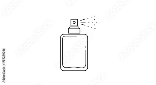 Perfume bottle spraying mist, minimalist line art icon, isolated on white background.