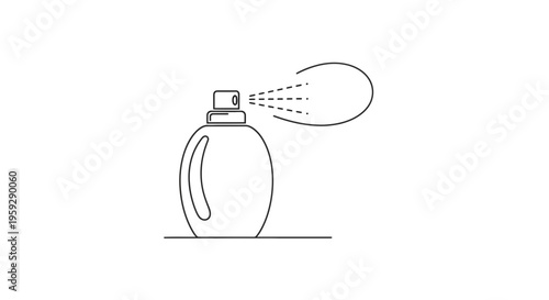 Perfume bottle spraying mist, minimalist line art icon, isolated on white background