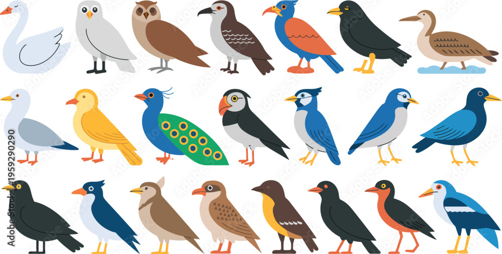 Fototapeta premium Diverse collection of colorful cartoon birds standing in a single row isolated on a white background